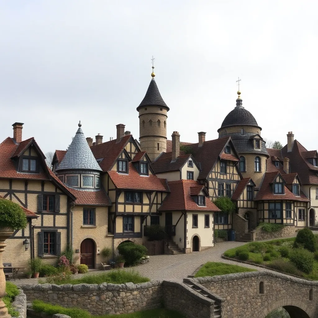 A cluster of charming, fairy-tale-like houses with steeply pitched roofs and ornate details, nestled in a picturesque setting.