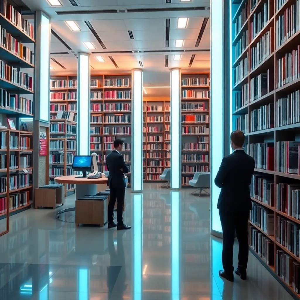 A modern, glass-walled library with towering bookshelves and a futuristic aesthetic.