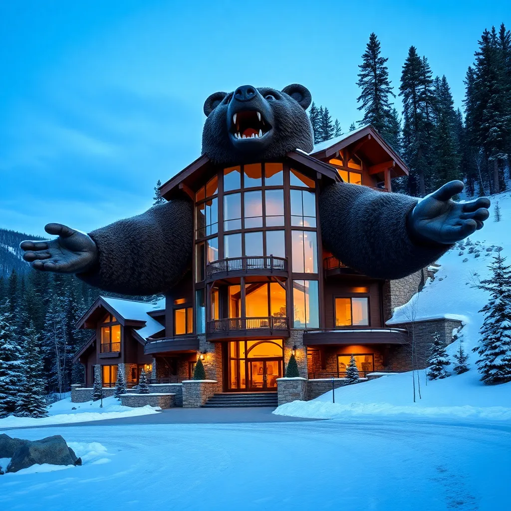 A whimsical, bear-shaped house with a cozy glow, nestled in a snowy winter landscape.