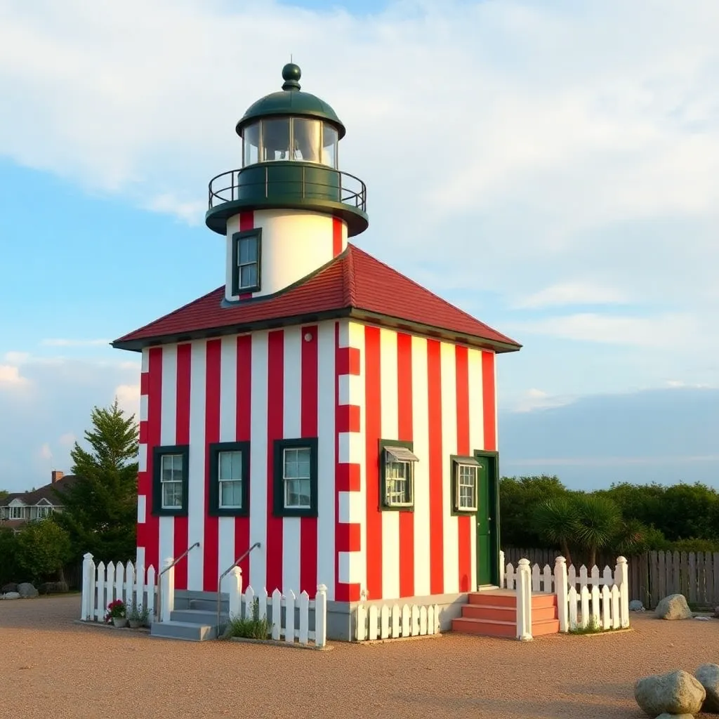 A whimsical, candy-striped lighthouse with a cheerful appearance, standing on a rocky coastline.