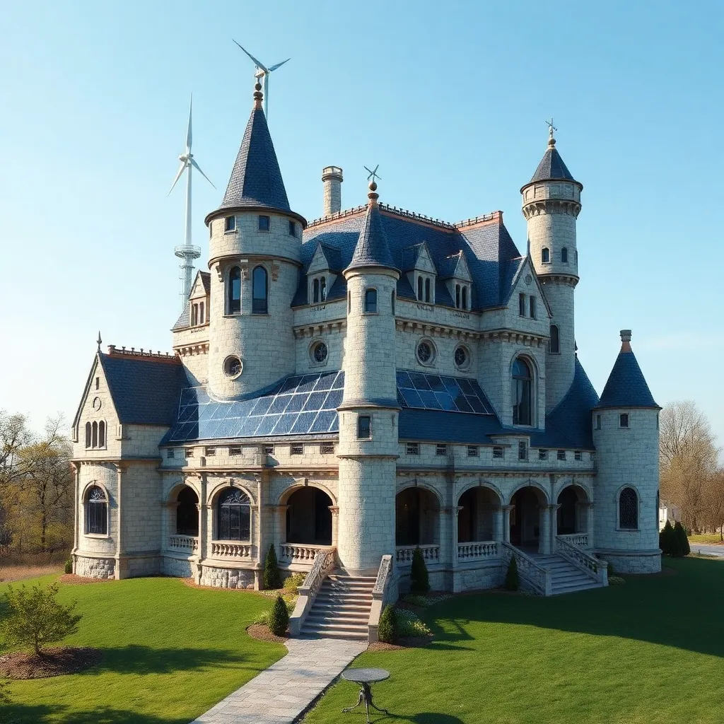 A grand, fairytale-like castle with a towering spire, surrounded by lush greenery.