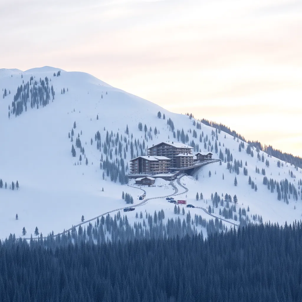 A majestic mountain peak covered in snow, with a small chalet nestled amidst the trees.