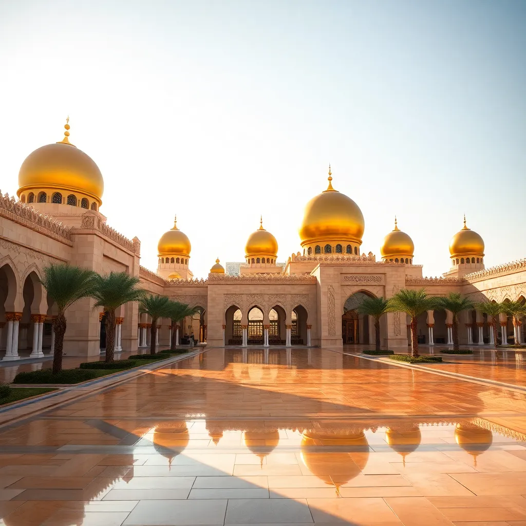 A grand mosque with golden domes and minarets, reflected in a still pool of water.