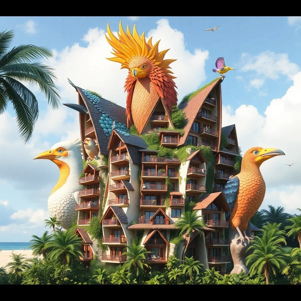 A whimsical, bird-inspired building with colorful feathers and a playful design.