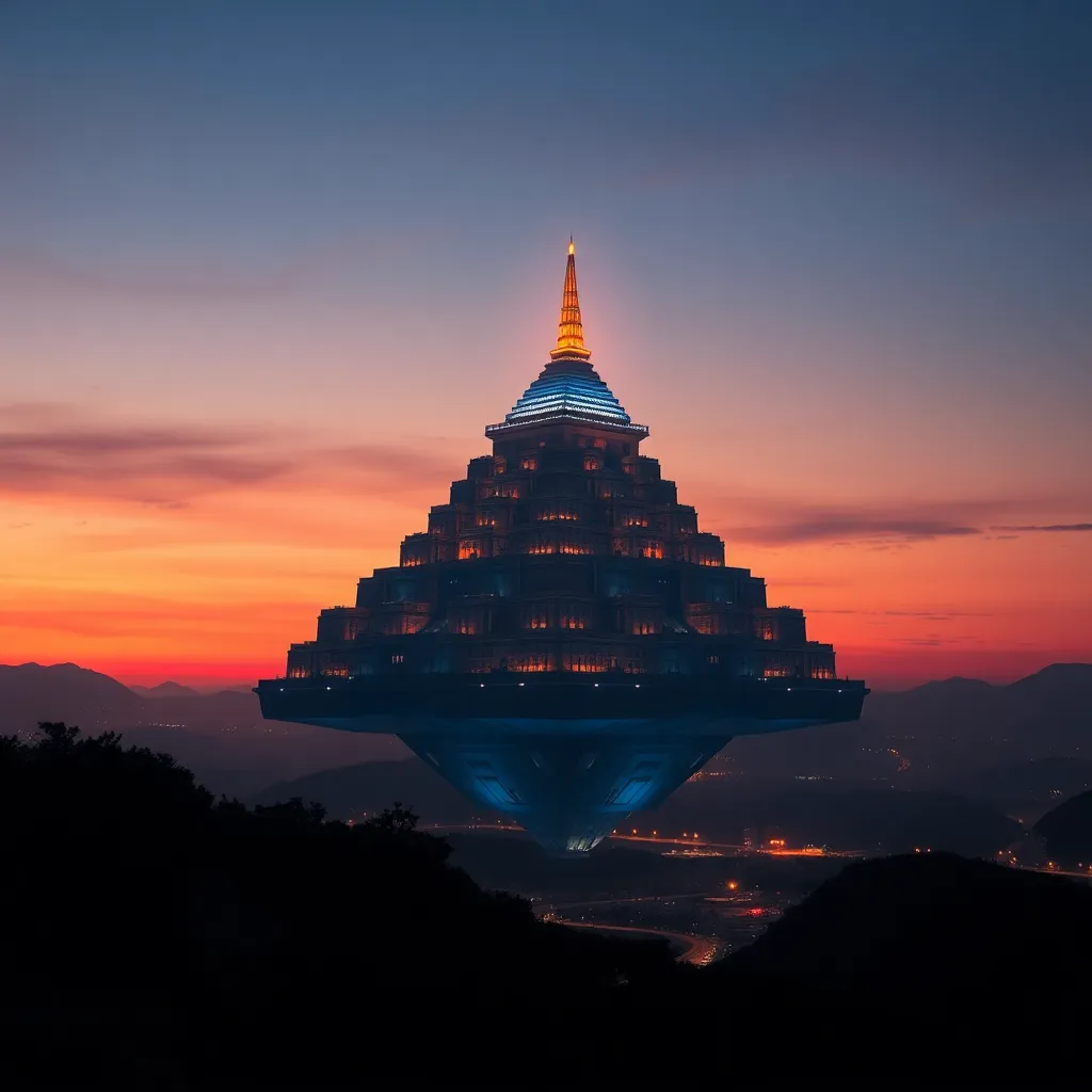 A futuristic, pyramid-shaped building with glowing lights, rising above a mountain range at sunset.