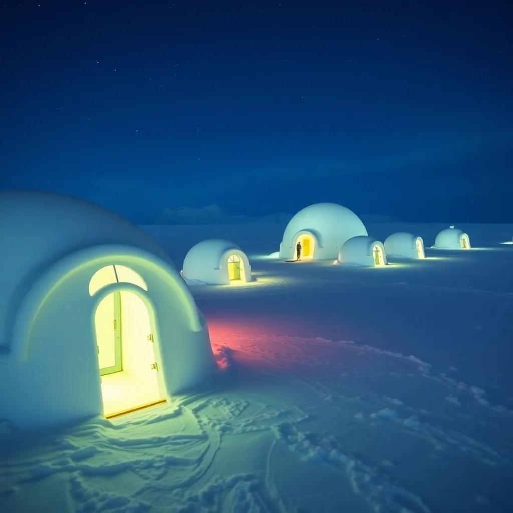 A cozy cluster of igloo-shaped houses with glowing windows, nestled in a snowy landscape.