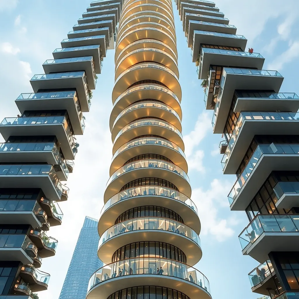 A high-rise building with unique, twisting balconies, reaching towards the sky.