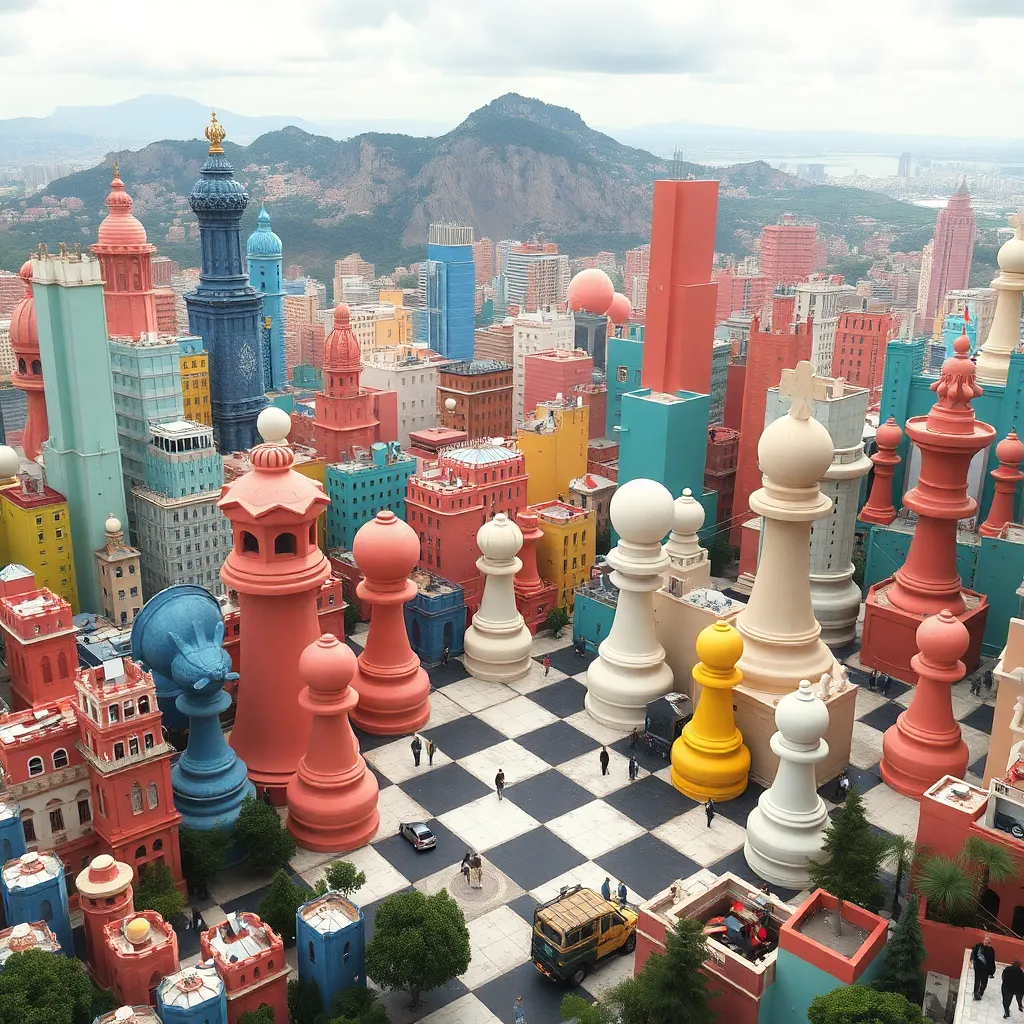 A whimsical cityscape with giant chess pieces standing tall among colorful buildings.