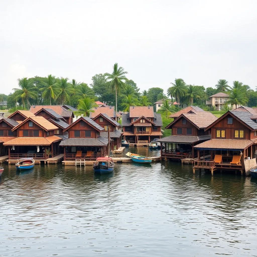 A picturesque village with wooden houses lining a canal, surrounded by lush greenery.