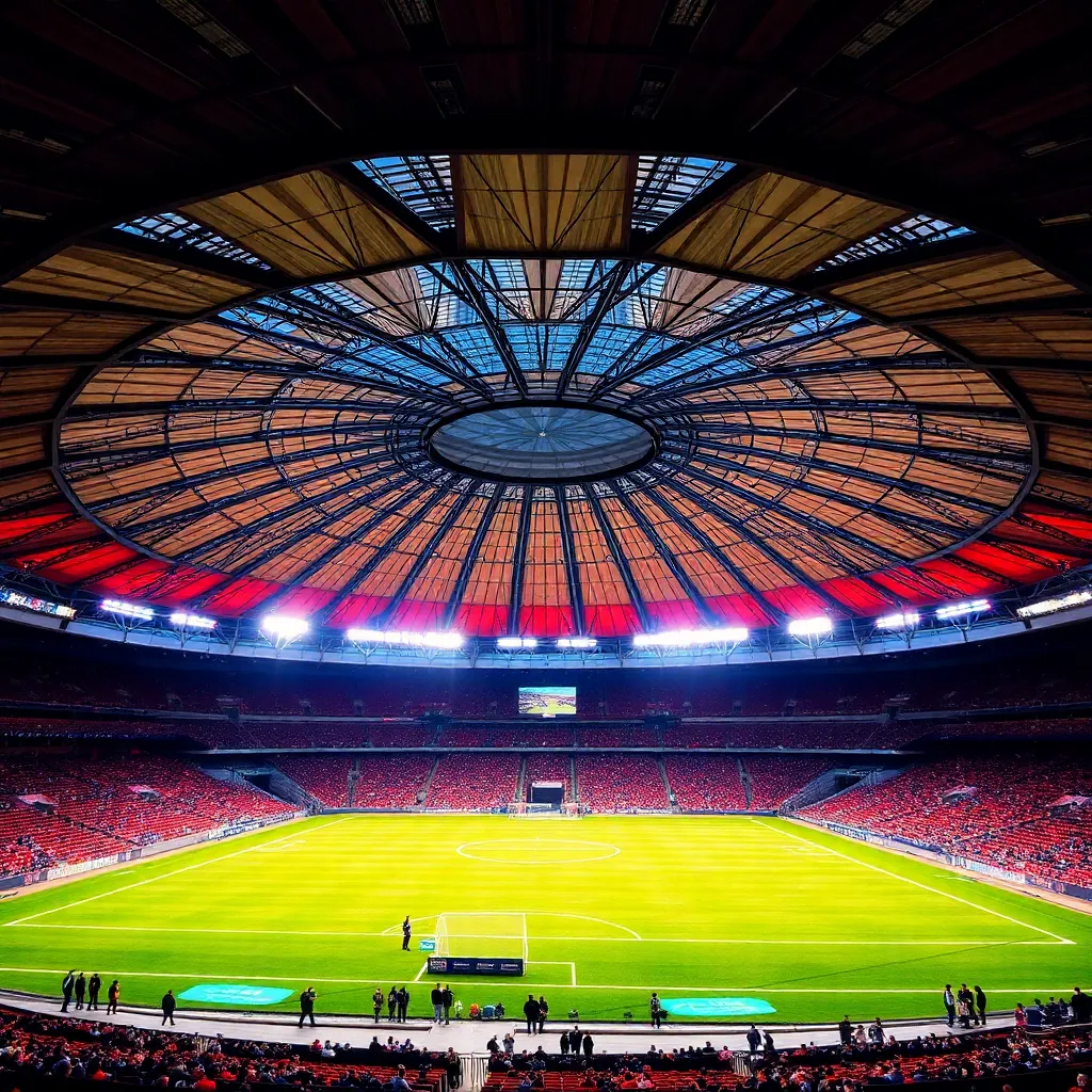 A panoramic view of a modern stadium with a domed roof, ready for a sporting event.