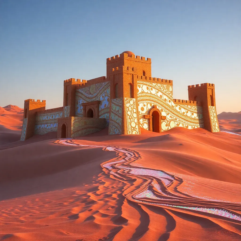 A majestic, sand-colored castle with a towering entrance, standing in a vast desert.