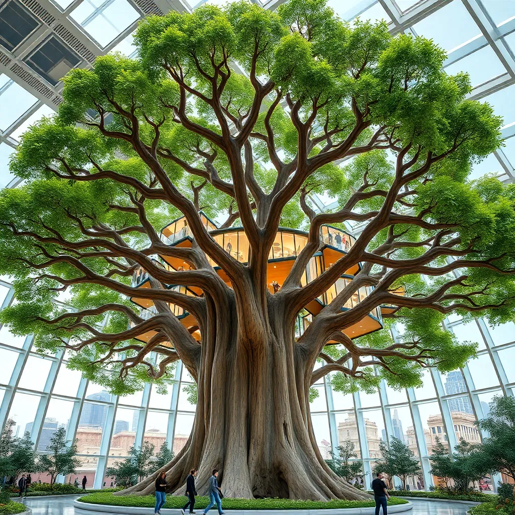 A large, ancient-looking tree with a spherical glass structure surrounding it, creating a greenhouse-like space.