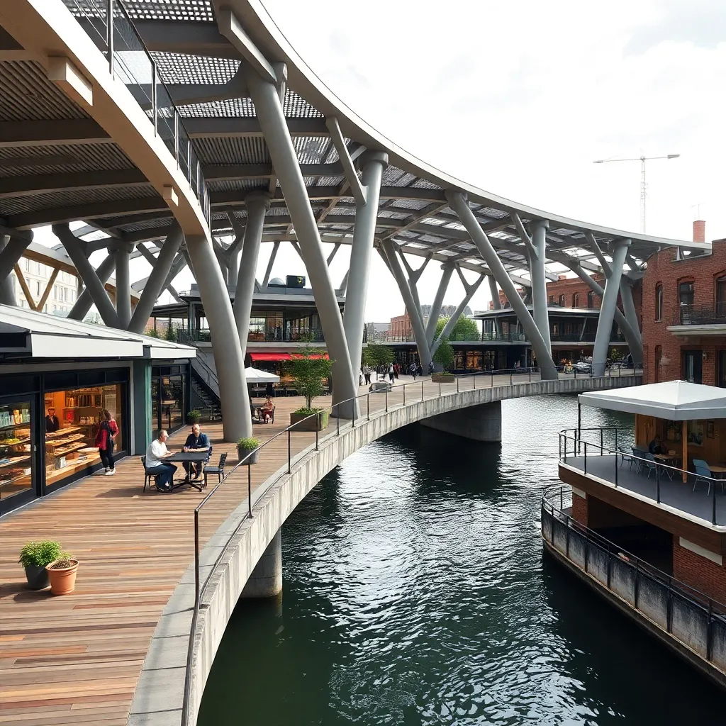 A modern, elevated walkway with a curved glass roof, overlooking a canal with boats docked below.