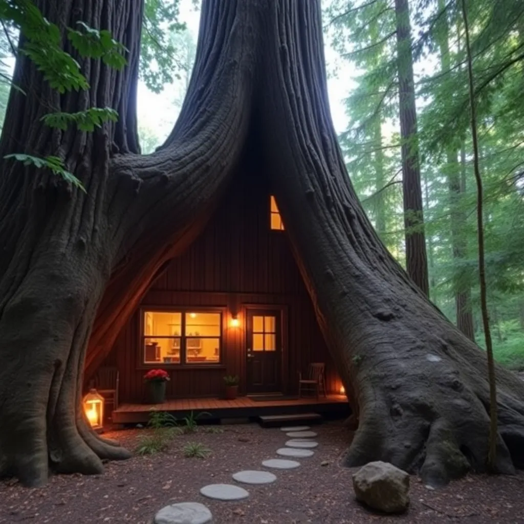 A small, cozy cabin built into the hollowed-out trunk of a massive tree.