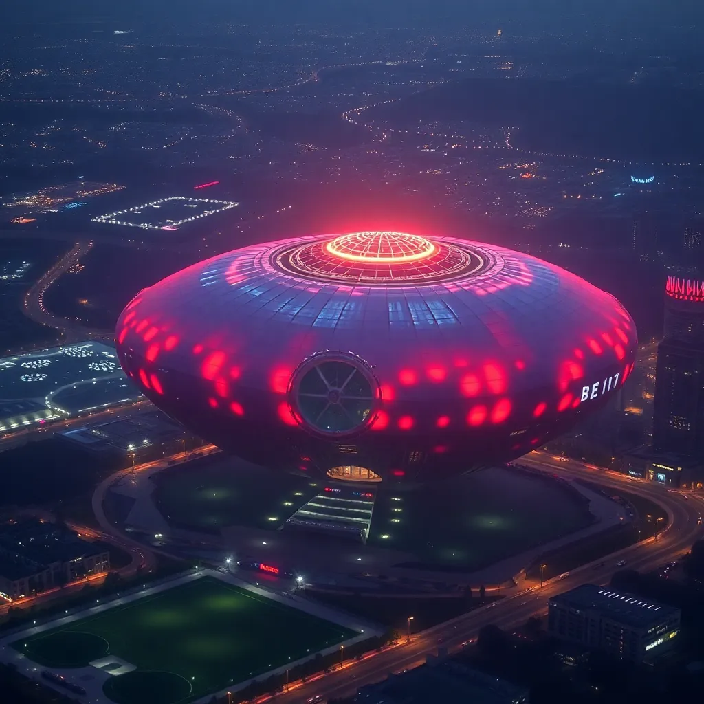 A futuristic, illuminated stadium with a vibrant, glowing ring at its center.