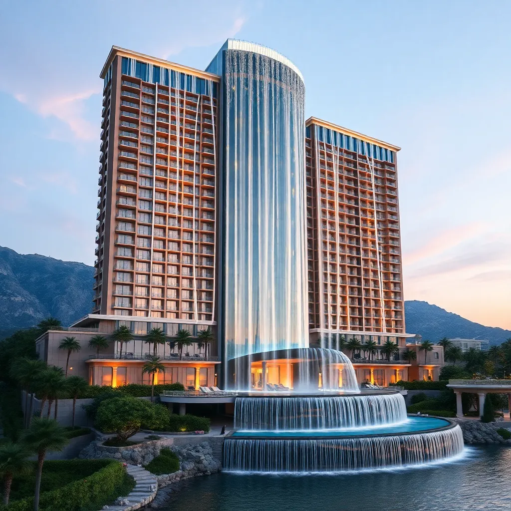 A towering, modern hotel with a golden facade, reflecting on a calm lake.