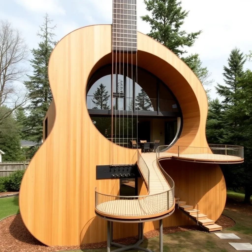 A whimsical, guitar-shaped house with a circular window and a slide-like entrance.