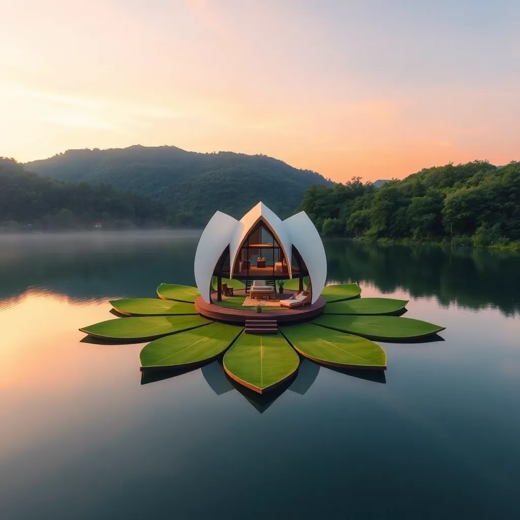 A serene, lotus-shaped house floating on a calm lake, surrounded by lush greenery.