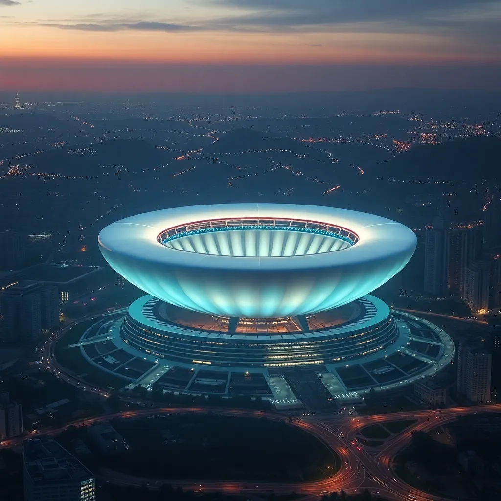 A futuristic stadium with a glowing dome, nestled in a cityscape at sunset.