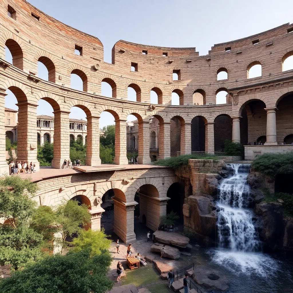 The Colosseum in Rome, a historic amphitheater with arches and ruins, standing against a dramatic sky.