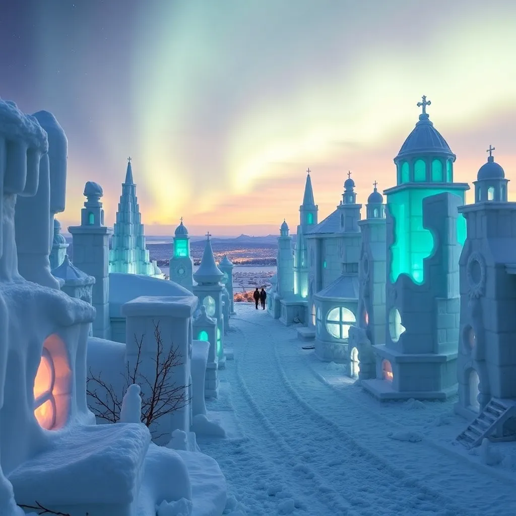 A majestic ice castle shimmering under the Northern Lights.