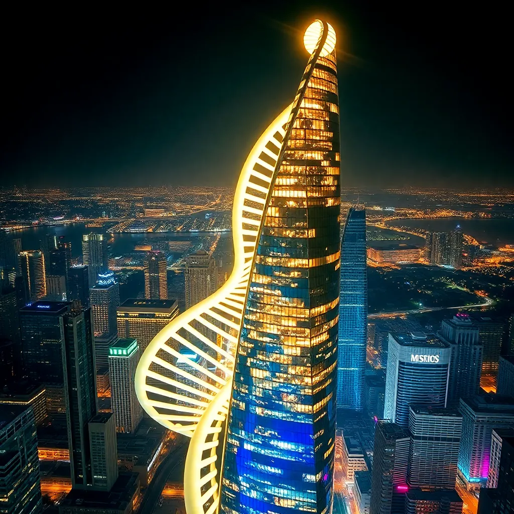 The Burj Khalifa, the world's tallest building, illuminated in the night sky.