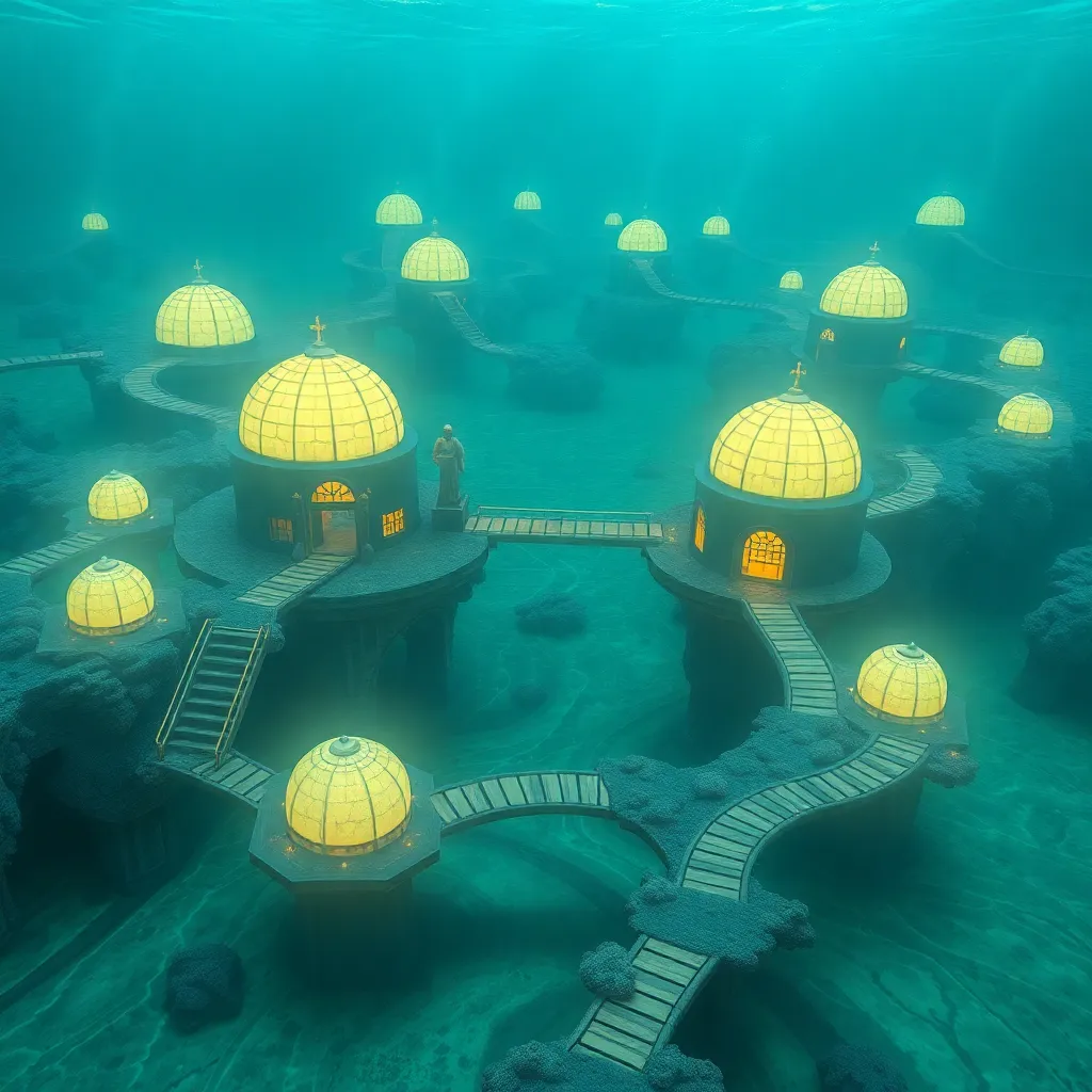 A surreal underwater city with glowing domes and plant life.