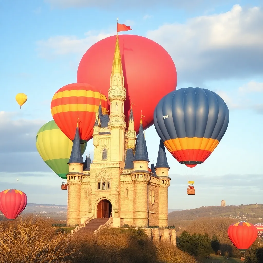 A whimsical scene of a fairytale castle floating among colorful hot air balloons.