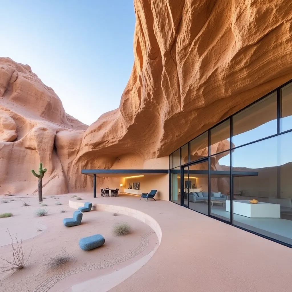 A modern, minimalist house built into a rock formation in a desert landscape.