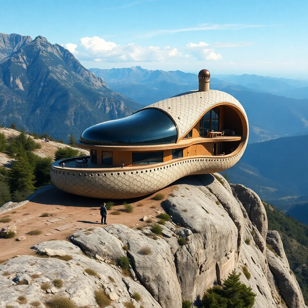 A unique, sculptural house perched on a mountain peak with stunning views.