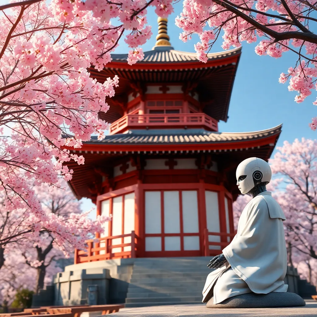 A serene scene of a red temple surrounded by blooming cherry blossoms in Japan.