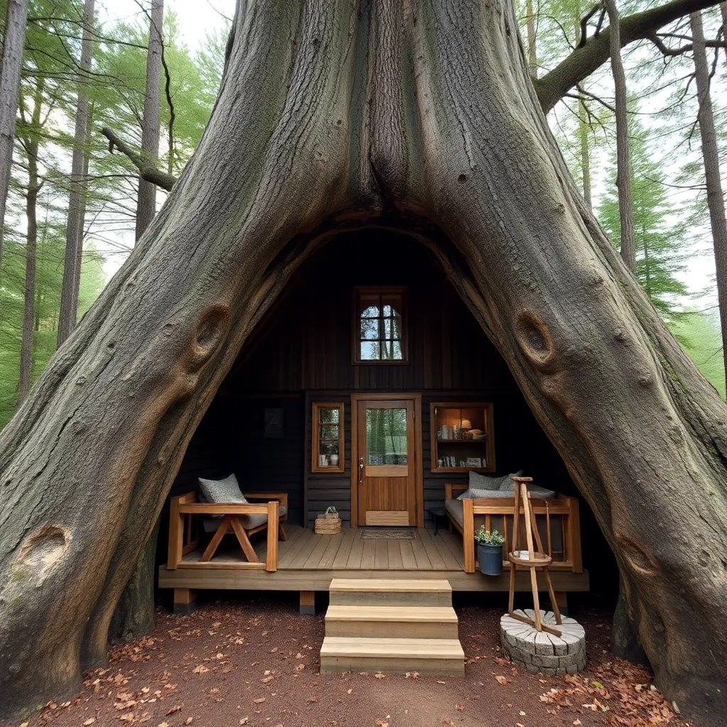 A cozy treehouse built into the hollow of a massive tree.