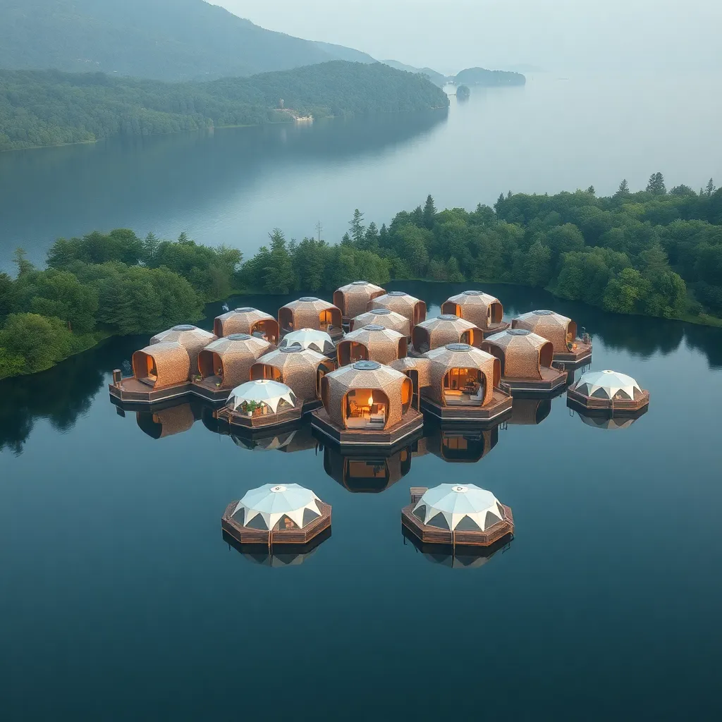 A cluster of futuristic floating houses on a calm lake, surrounded by mountains.