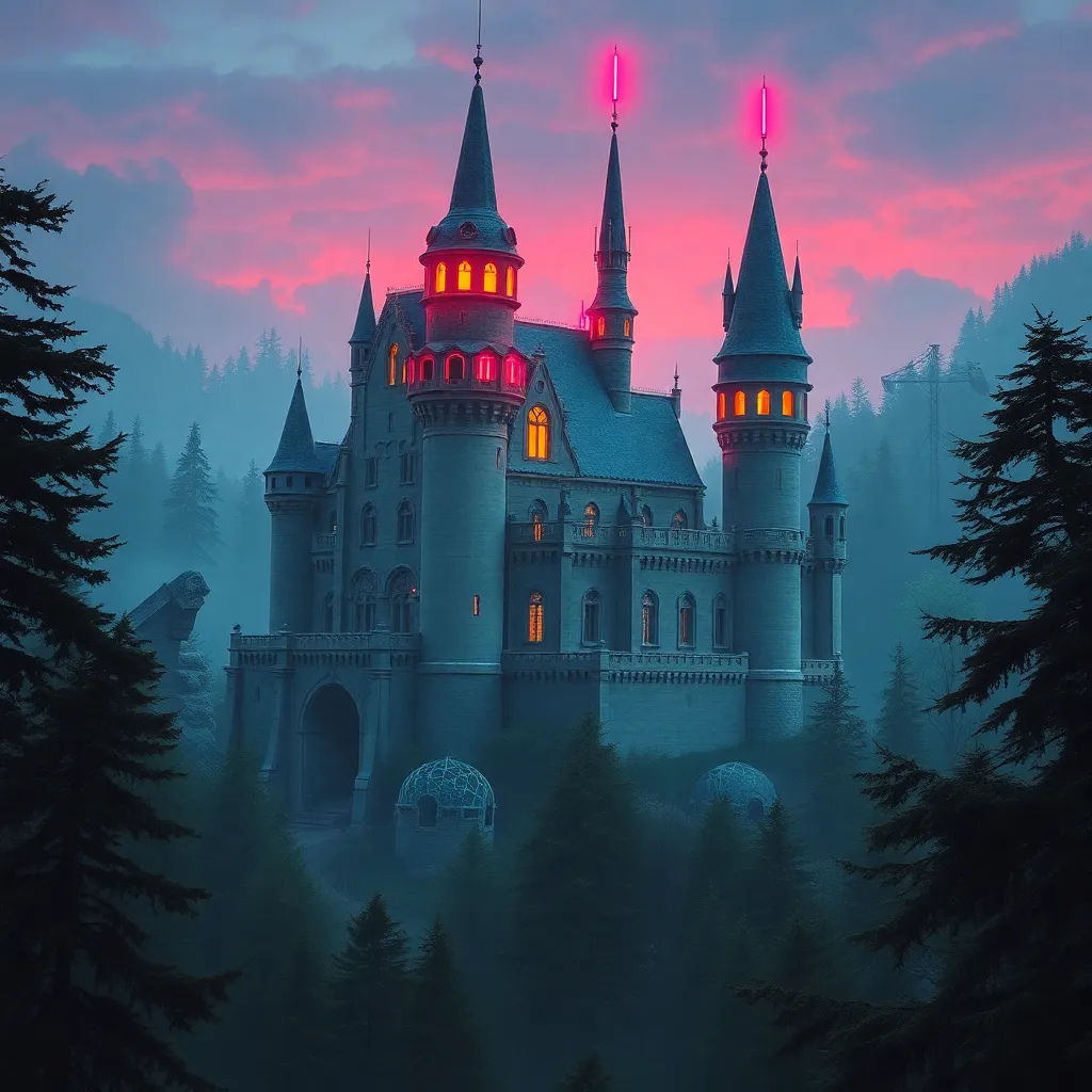 An eerie illustration of a gothic castle shrouded in mist and bathed in twilight.