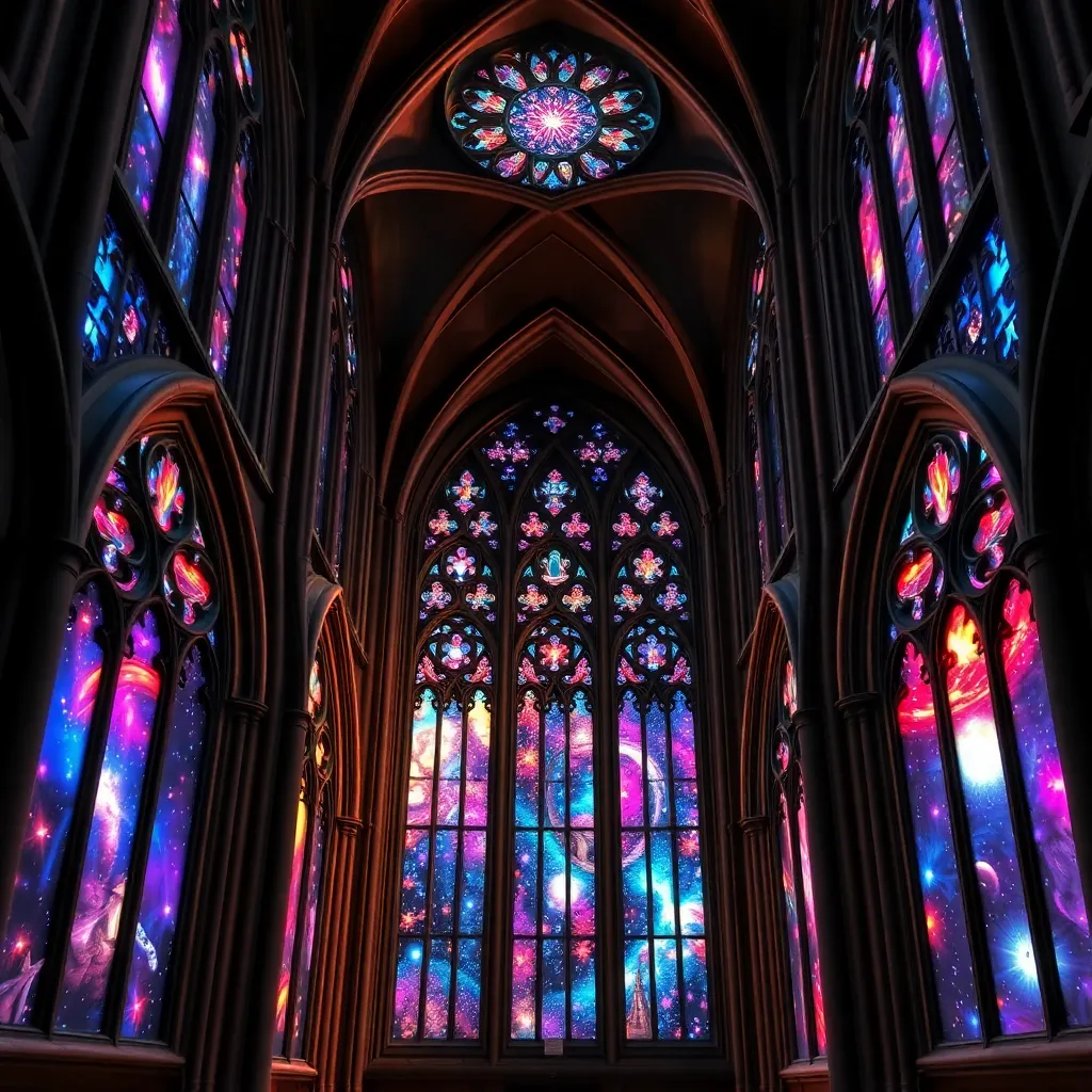 A close-up of a stained glass window in a cathedral, showcasing intricate patterns and vibrant colors.