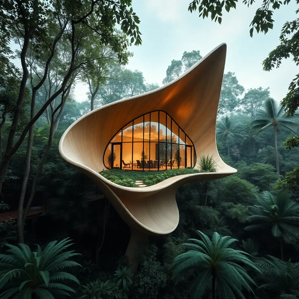 A futuristic treehouse with a curved, organic design nestled among lush foliage.