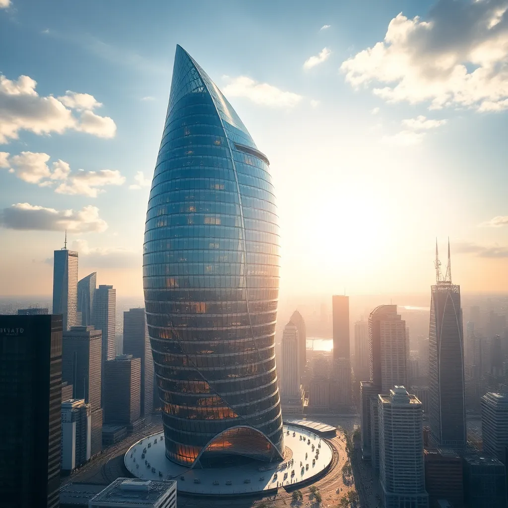 A sleek, modern skyscraper with a pointed spire, towering over a cityscape at sunrise.