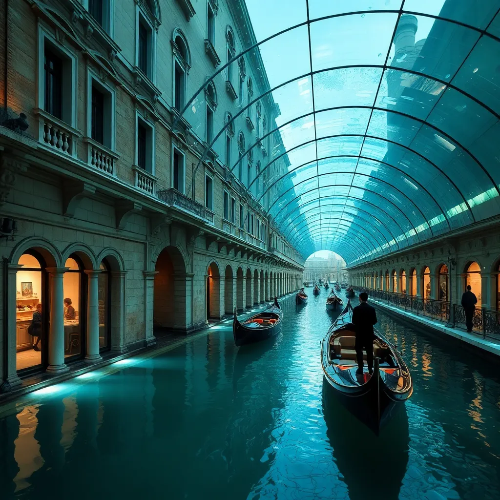 A surreal scene of a canal running through a city, with gondolas passing under a glass ceiling.