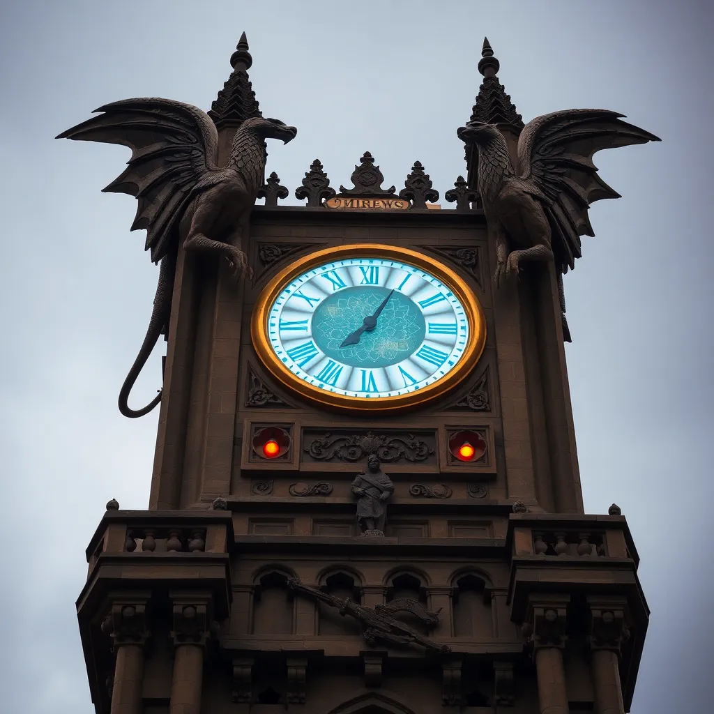 A gothic clock tower with gargoyles, casting a shadow on a cobblestone street.