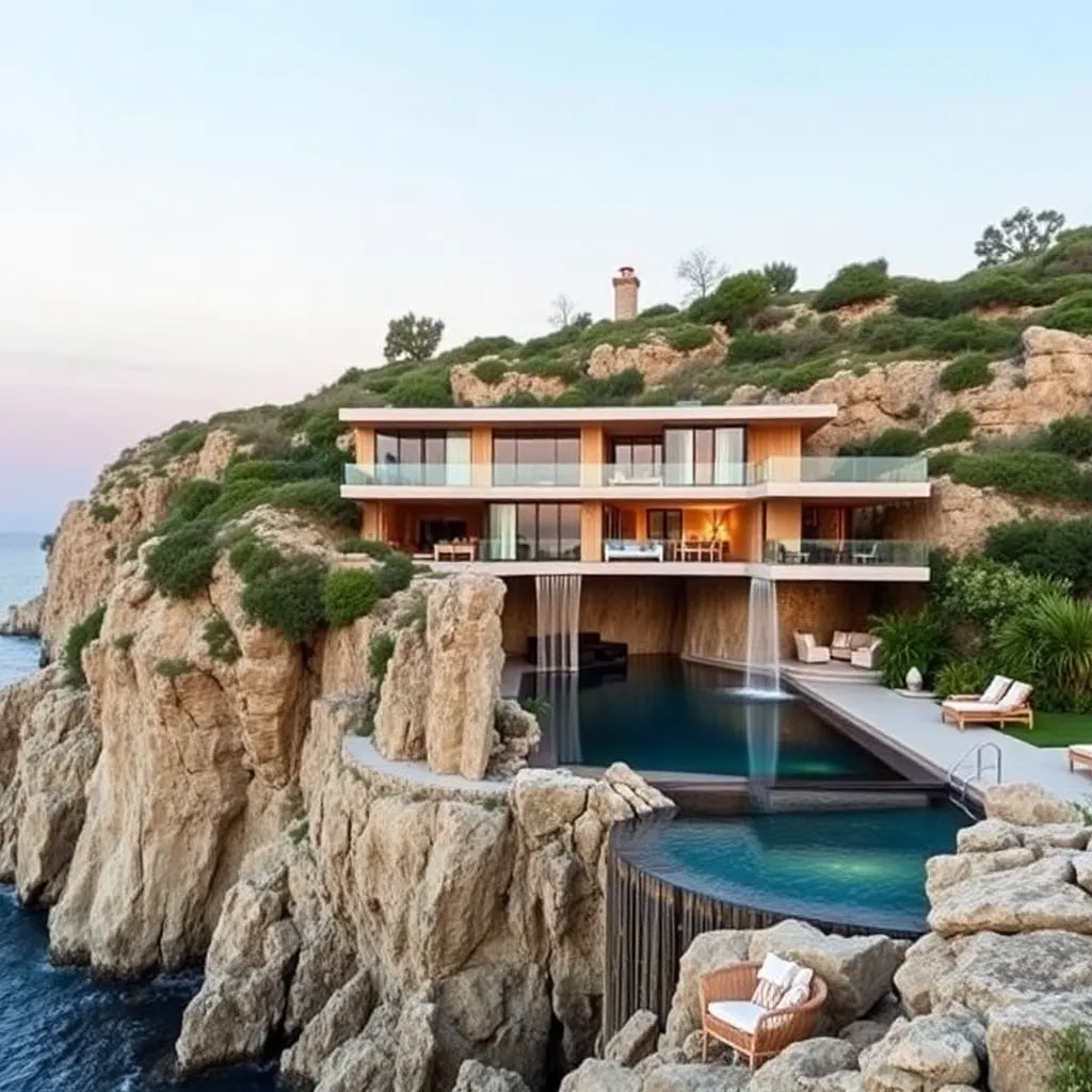 A luxurious cliffside villa with a pool overlooking the ocean.