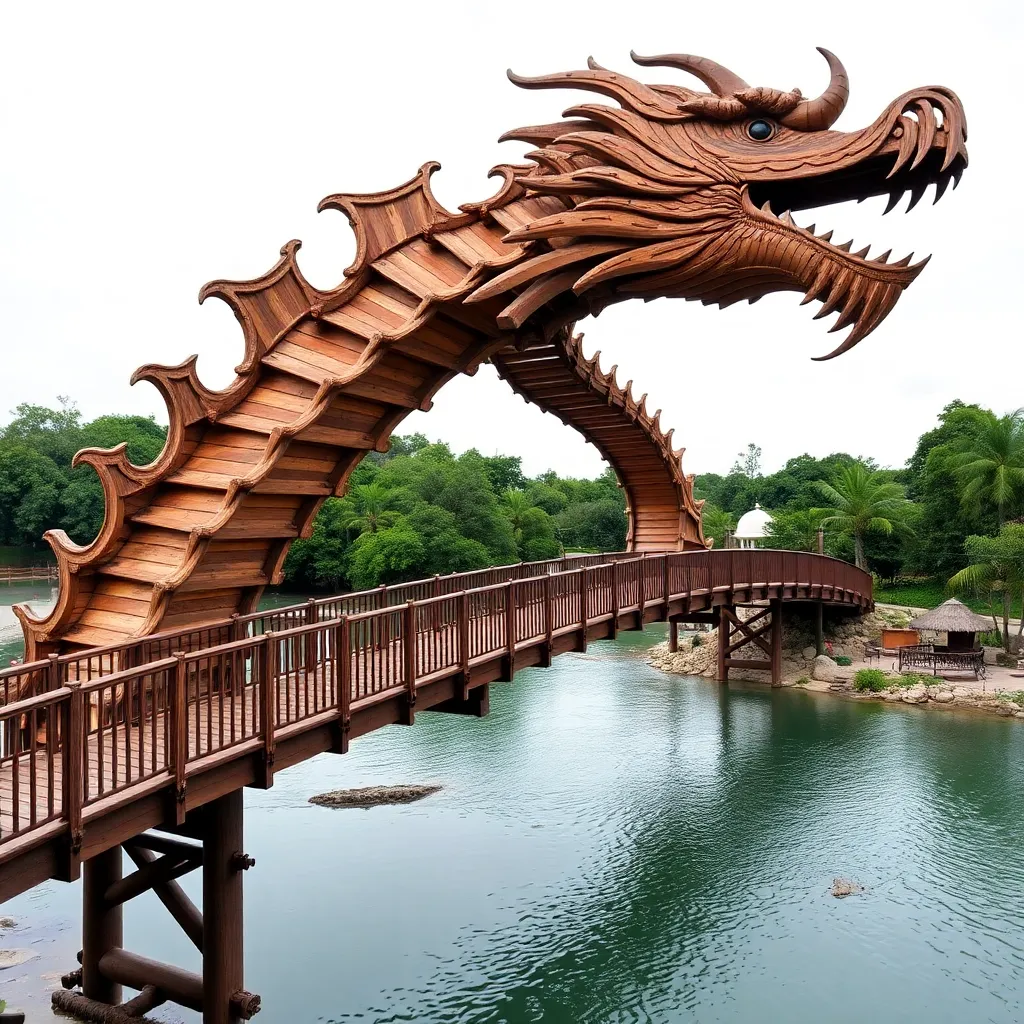 A unique bridge shaped like a dragon, spanning a calm lake.