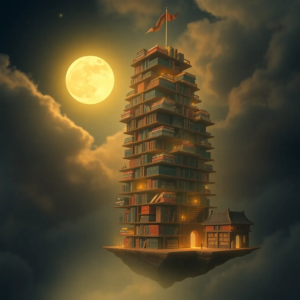 A surreal illustration of a towering, glowing skyscraper floating in the sky with the moon in the background.