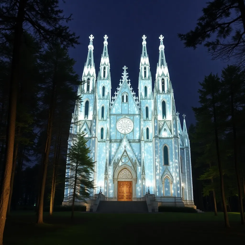 A majestic cathedral with a gothic design illuminated by moonlight.