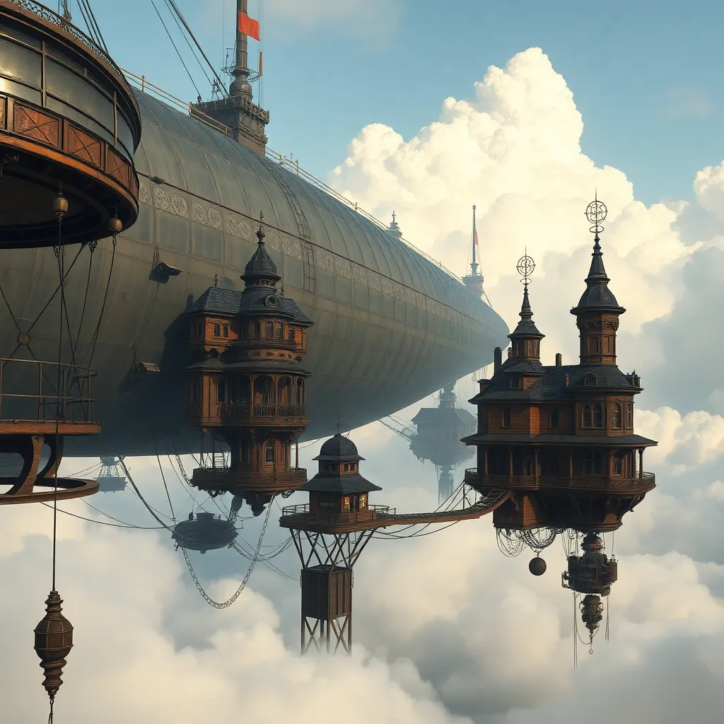 A fantastical cityscape with floating islands and buildings, reflecting on a cloudy sea.