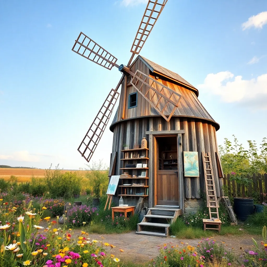 A rustic wooden windmill standing tall in a field of flowers.