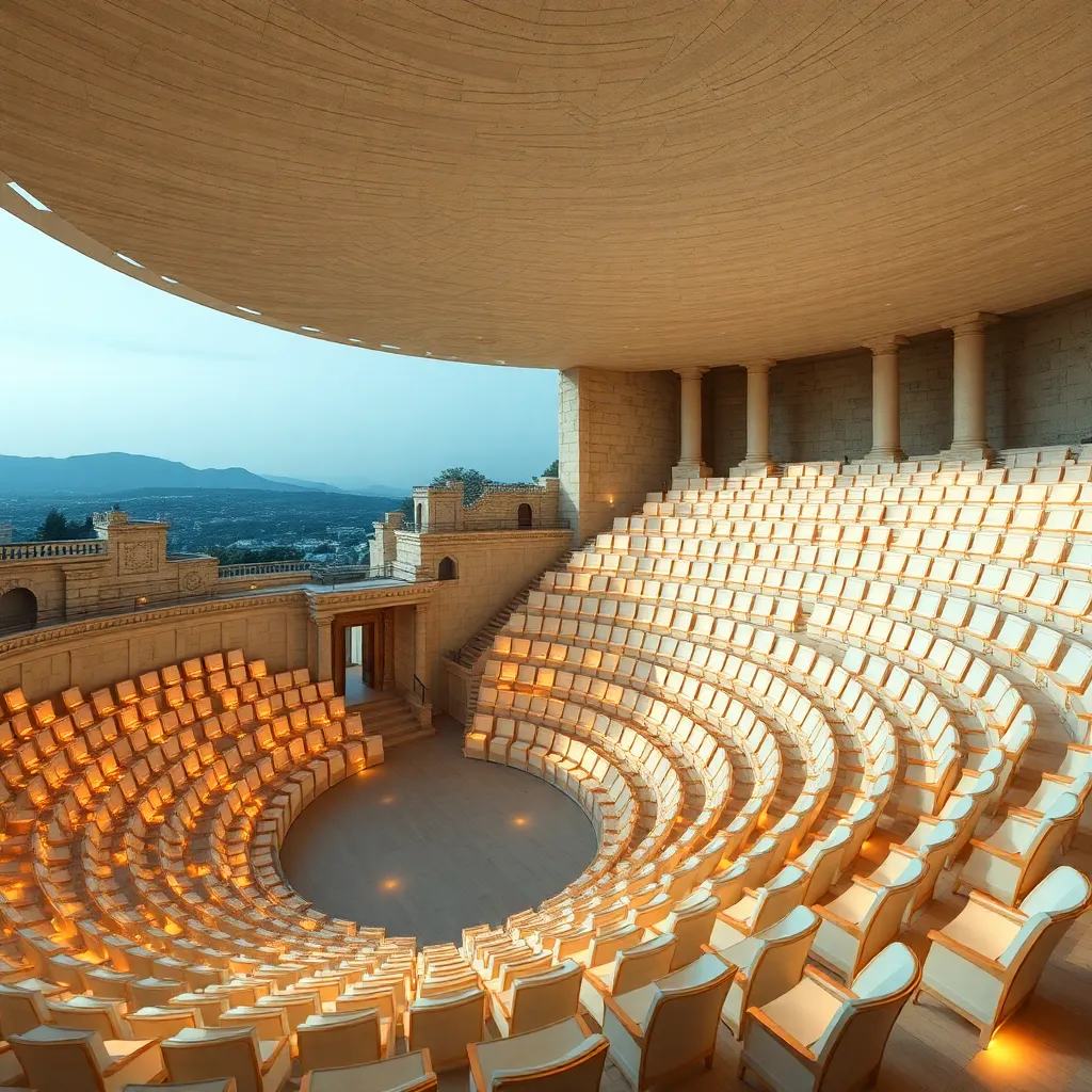 A photo of a large, outdoor amphitheater with a unique, curved design and a view of a city in the distance.