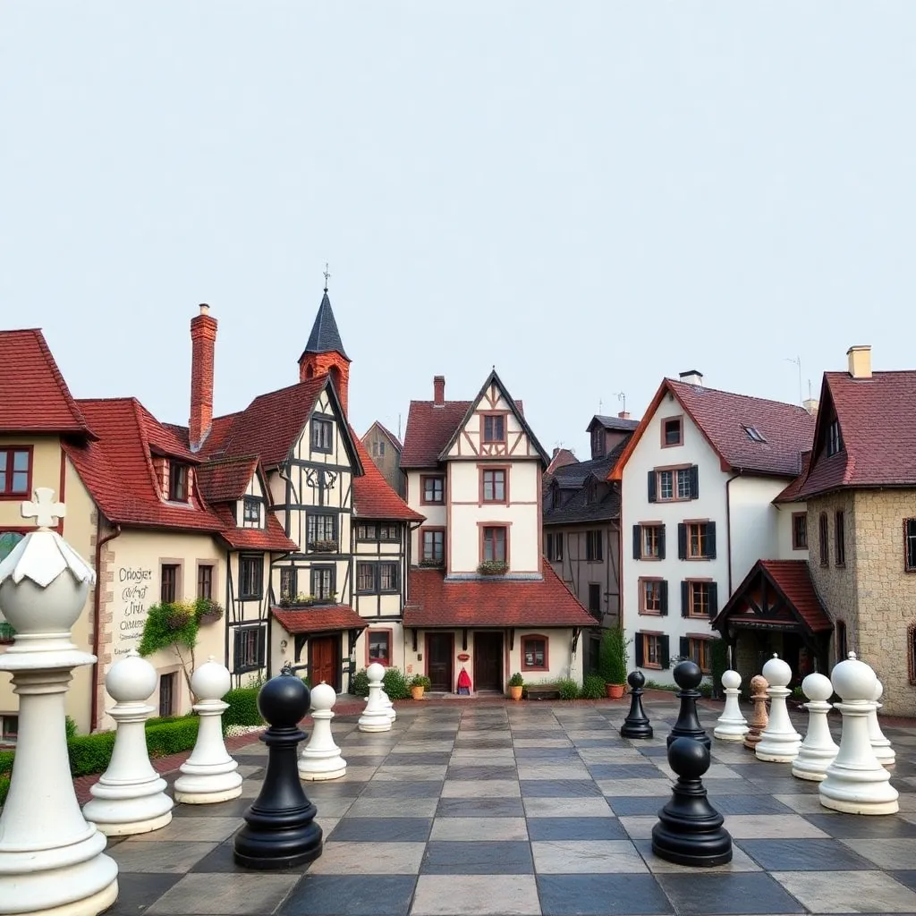 A picturesque town square with colorful buildings, a giant chessboard, and a tower in the background.