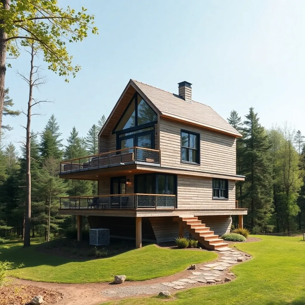 A cozy wooden house nestled among tall trees, with a deck overlooking a lush green landscape.