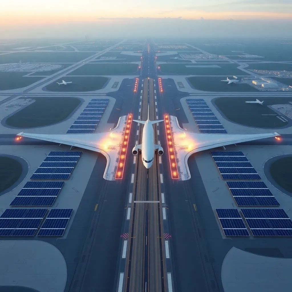 A futuristic concept of a vertical farm integrated with an airport, with a sleek aircraft taking off.