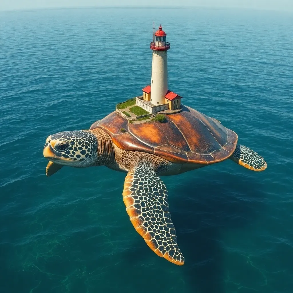 A whimsical illustration of a giant sea turtle carrying a lighthouse on its back, sailing across the ocean.